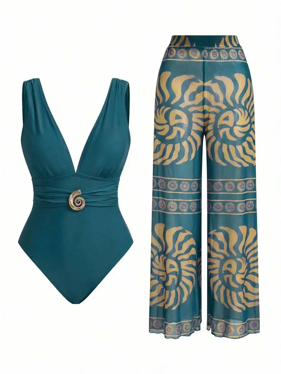 

Elegant Retro Spiral Print One Piece Swimsuit With Wide Leg Pants Chic Vacation Outfit For Women