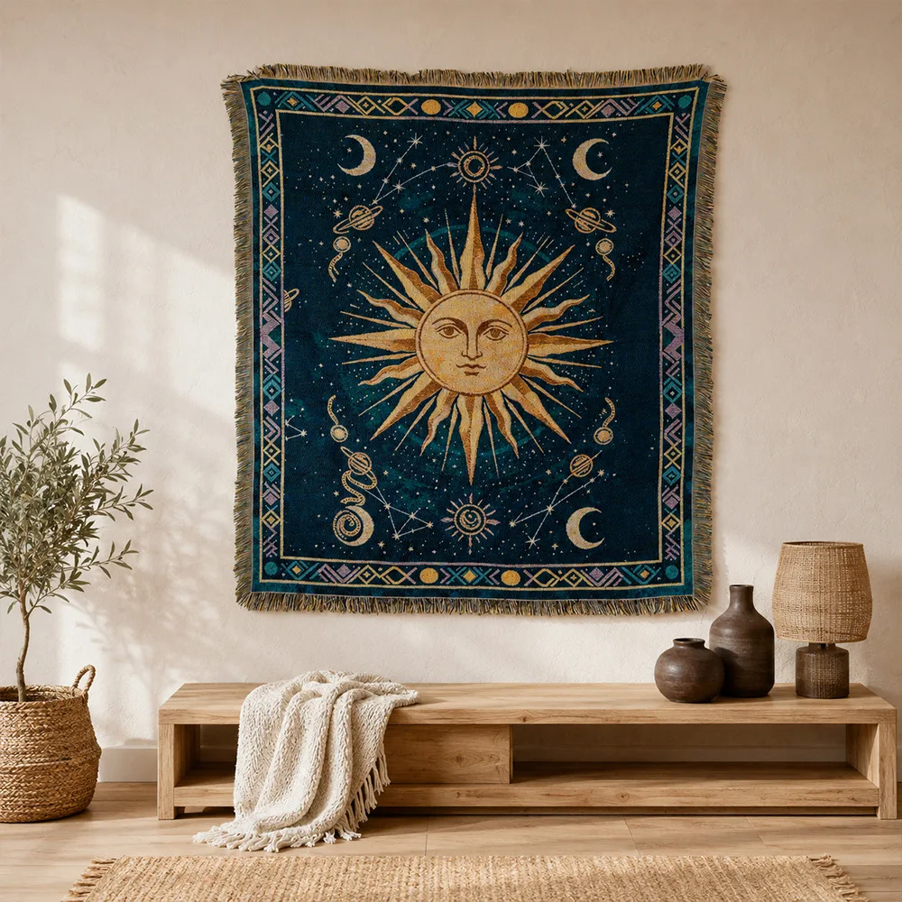 Jacquard Woven Sun Moon Sofa Blanket Single Sofa Cover Camping Blanket Multi-functional Picnic Couch Cover Tapestry Blanket
