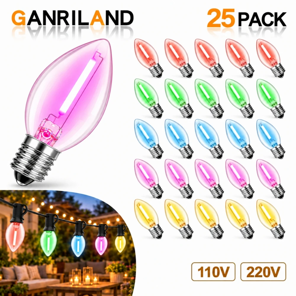 25Pack C7 LED Christmas Light Bulbs Multicolor RGB E12 Base Replacement Bulbs 110V 220V Holiday Garden String Lights Decoration