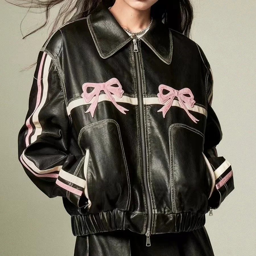 Jaket kulit pita wanita, mantel bomber Streetwear PU Moto Biker Korea vintage pakaian luar mode