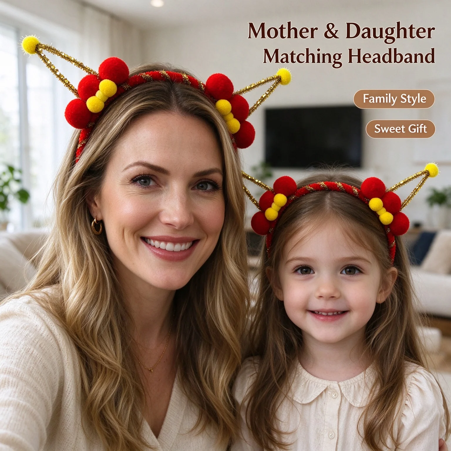 Cute Red Gold Antler Headband for Girls Kids Pom Pom Hair Hoop Holiday Party Photo Hair Accessories