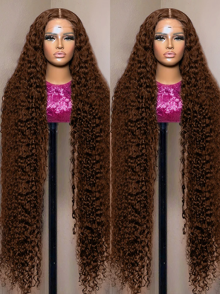 Pelucas rizadas de agua marrón Chocolate 13x4 13x6 HD peluca Frontal de encaje 40 42 pulgadas pelucas de cabello humano de color ondulado profundo para mujeres 250 de densidad