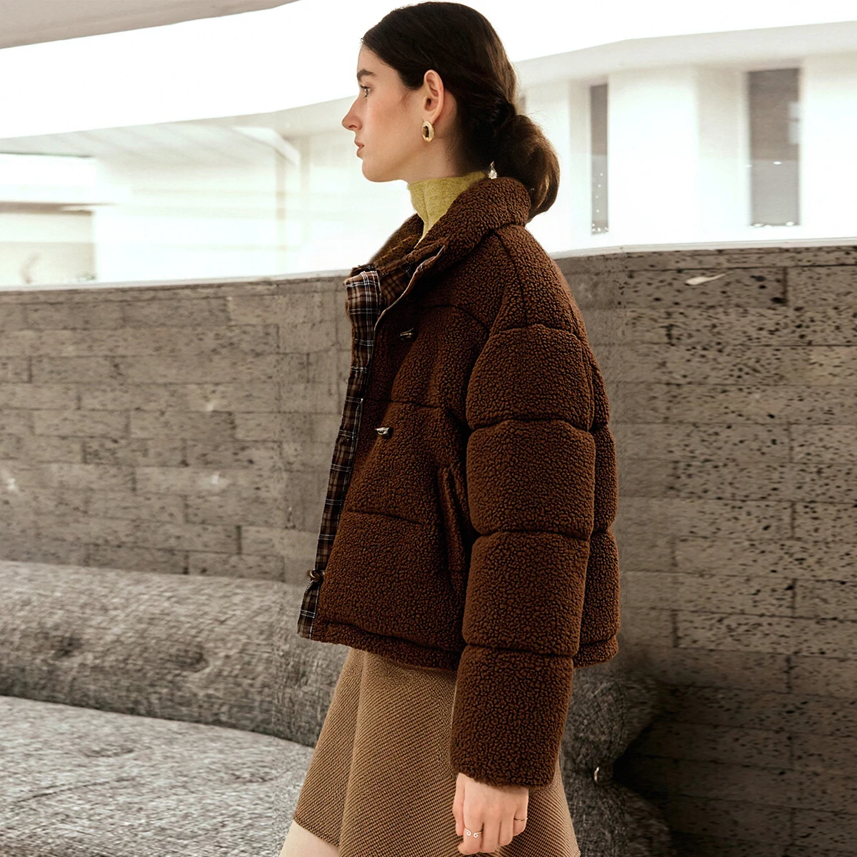 OLrain Women's Fashion Down Coats 2025 Autumn Commute Zipper Loose Fit Jackets Long Sleeve Plaid Patchwork Coats GO57DY000815