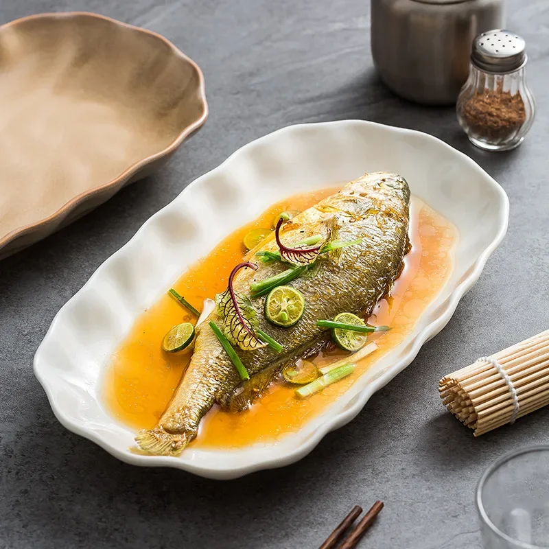 

High-End Oval Fish Dish, Hotel Features, Large Plate for Steamed Fish, New Ceramic Tableware, Restaurant Plate