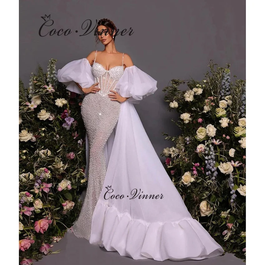 

Customized Pearls Beading Sexy Mermaid Wedding Dress With Robe Sweetheart With Straps High Quality Bride Dresses Ladies W1452