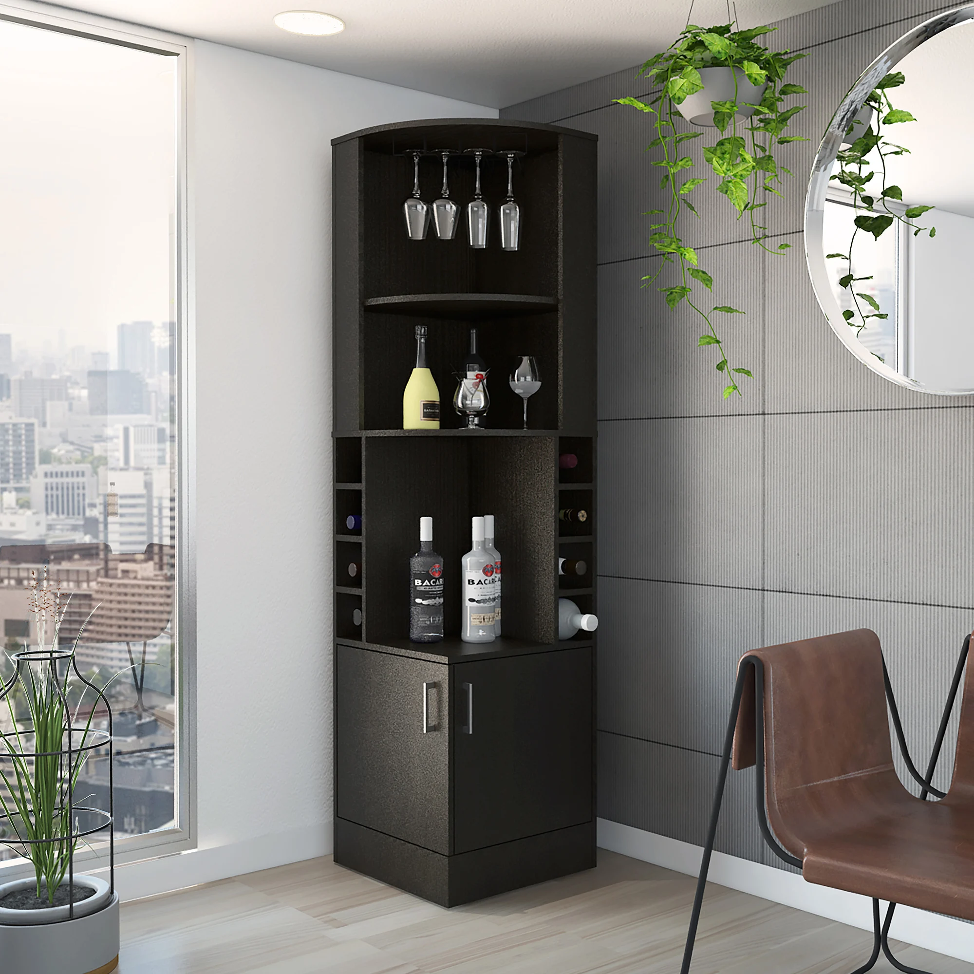 Mueble negro para Bar de vino de madera de ocho botellas con doble puerta, dos estantes abiertos, muebles de sala de estar, diseño de esquina para uso doméstico