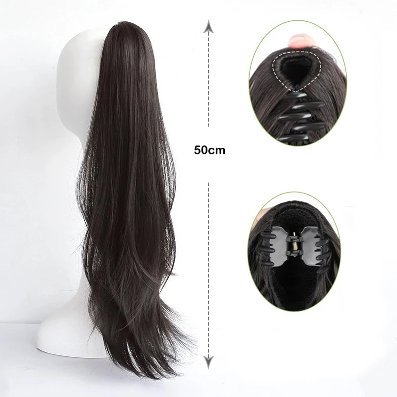 Extensión de cola de caballo sintética larga lacia de 20 pulgadas con clip, postizo para mujer 5