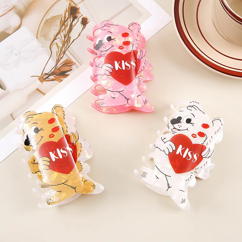 DS Valentine's Day Love Bear Hair Claw Acrylic Claw Clips Romantic Kiss Bear Crab Hair Clips for Women Girls Hair Accessories