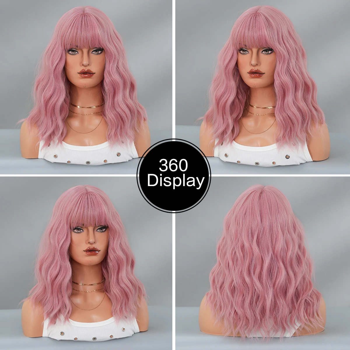 7JHH WIGS Shoulder Length Water Wave Pink Wig for Women Synthetic Heat-Resistant Modest Fashion Wear and Go Wigs with Neat Bangs - view 5