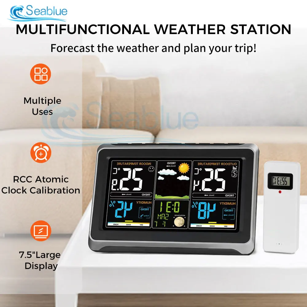 7.5 inch LCD Multifunction Weather Station Alarm Clock Thermometer Hygrometer Wireless Sensor Sunrise Sunset Hygrothermograph