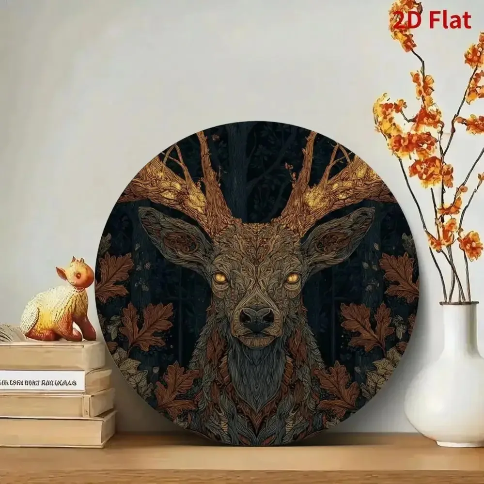 Handmade Metal Deer Wall Art 19.99cm Round Green Golden Leaf Stag Painting