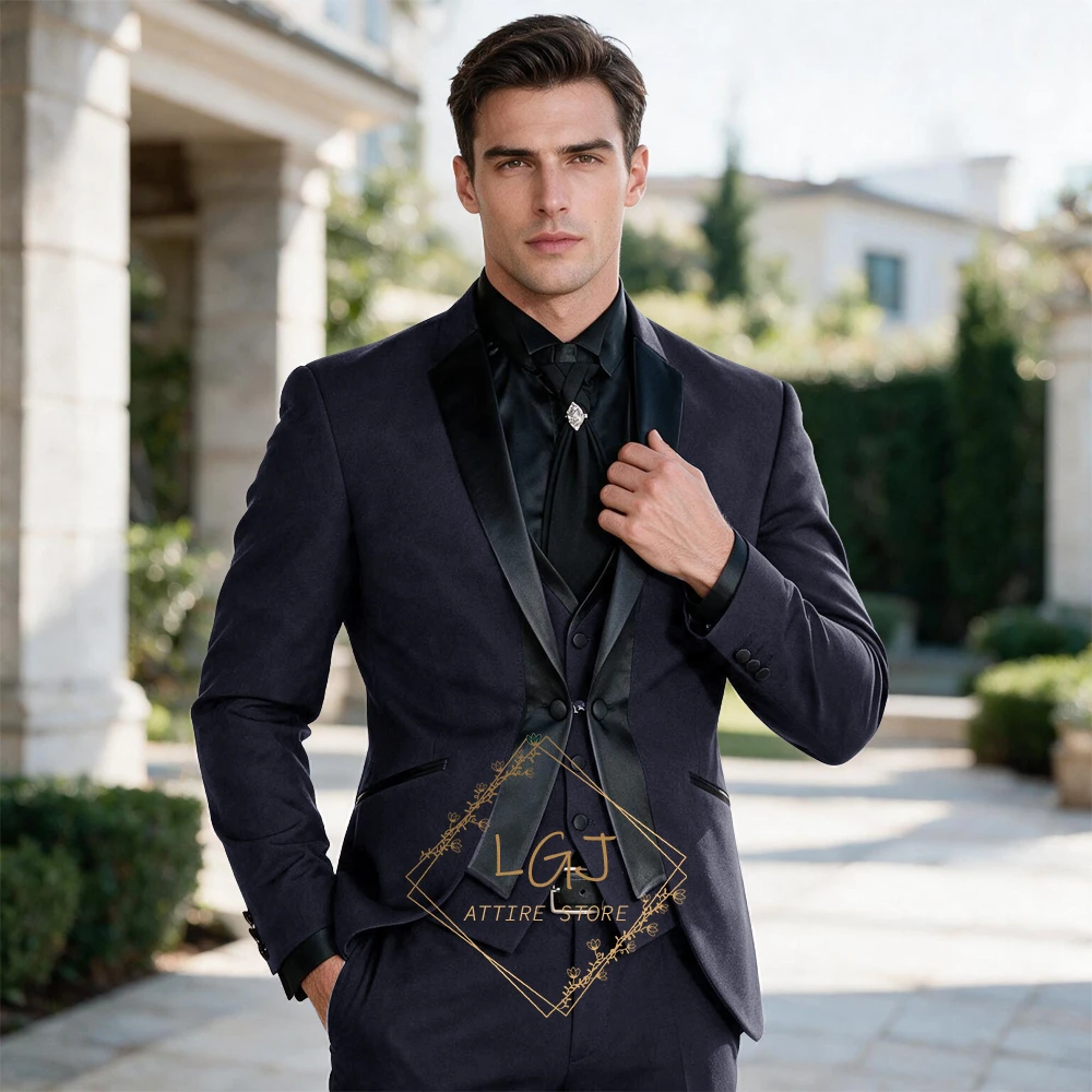 Men's 3PC Tuxedo Set Custom Size Shawl Collar Satin Lapel Double Breasted Vest Wedding Groom Formal Suit Jacket Pants