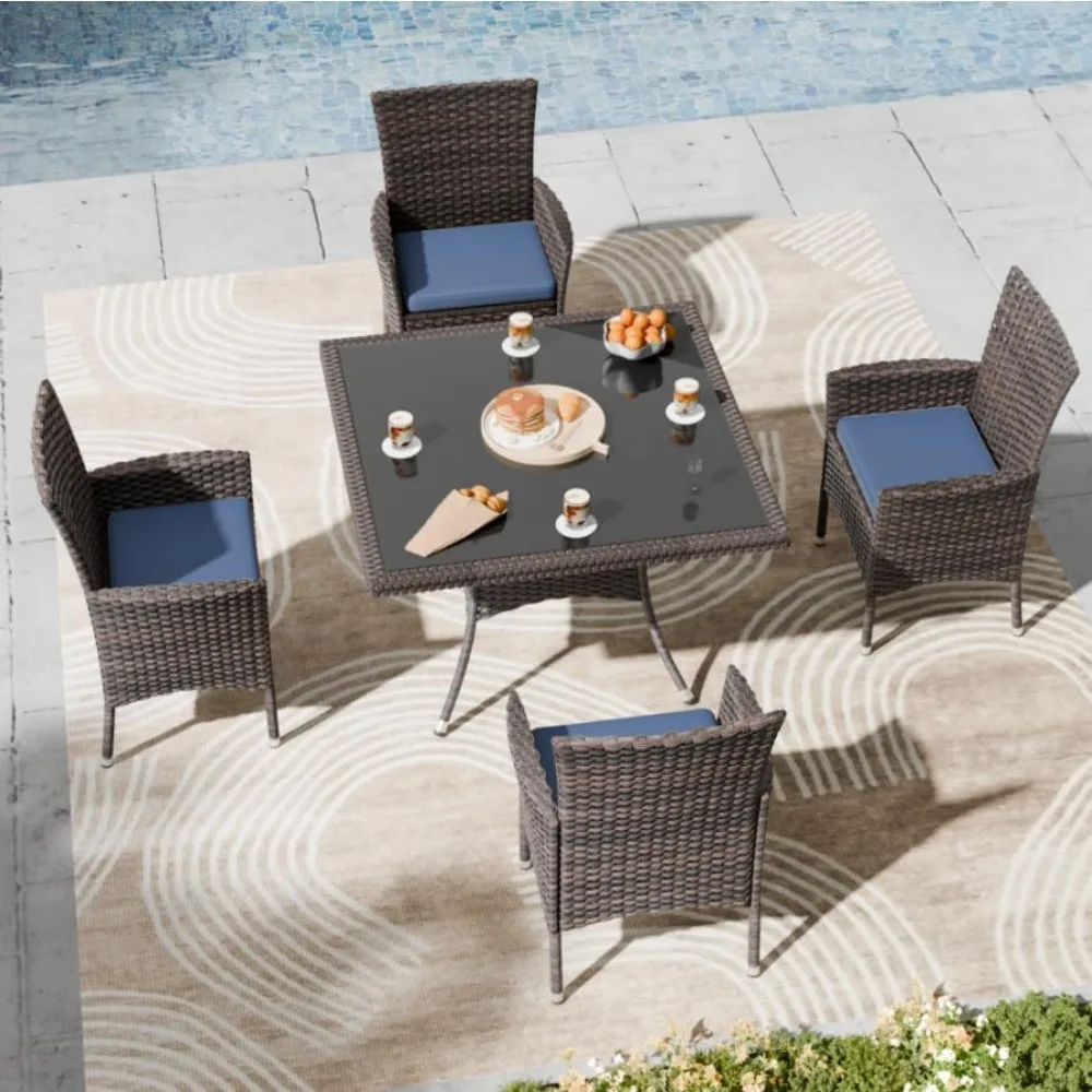 

5-piece outdoor dining rattan furniture set, terrace dining set, table and chair with 4 chairs and cushions, square glass