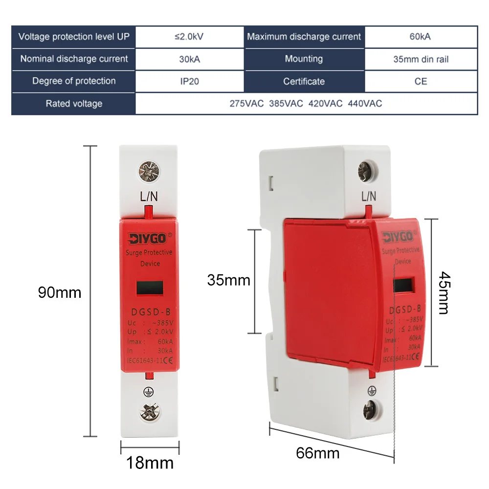 Din Rail 1P + N AC SPD حماية من البرق 10-20/20-40/30-60KA 385V حامي عرام المنزل جهاز صواعق الجهد المنخفض