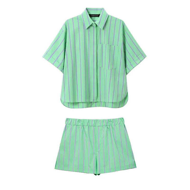 SIYANG  Woman Fashion Suit Green Stripes Turn-Down Collar Single Breasted Shirts+Mid Waist Side Stripe Shrots Female Sets