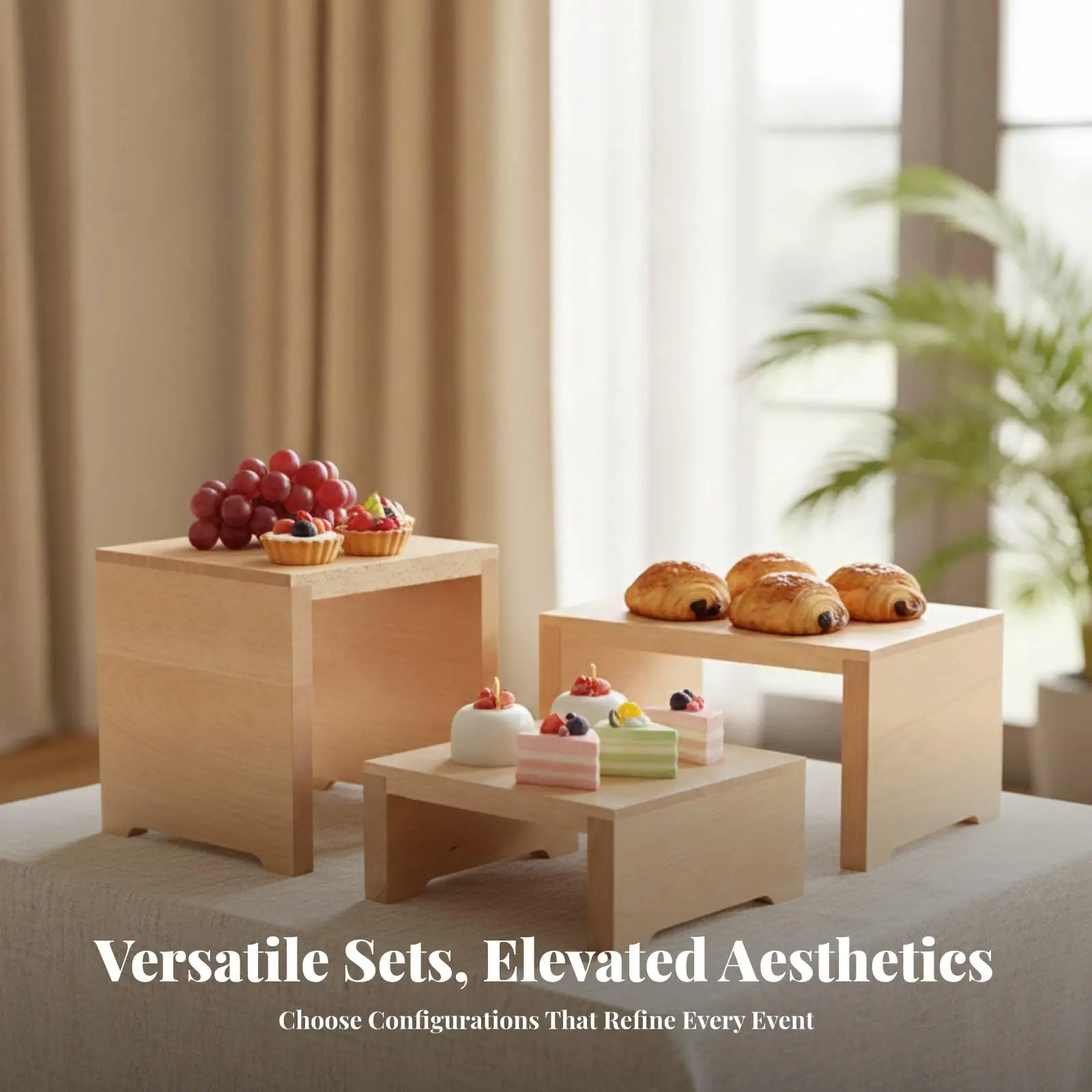 3 Pieces Wooden Food Display Riser Natural Wood Wooden Display Stand Buffet Riser Rustic Artisanal Look for Caterers, Weddings
