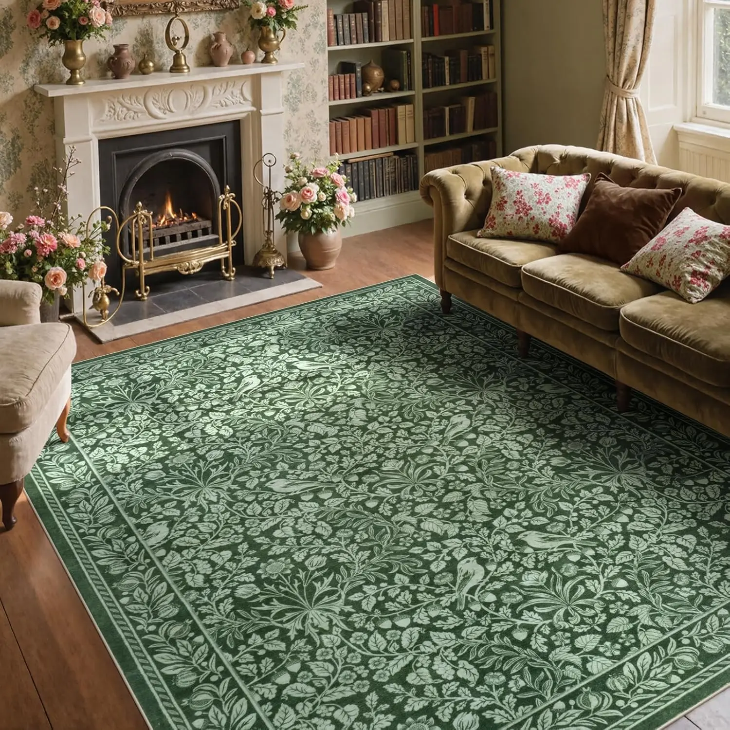 Green Area Rugs for Living Room, Vintage Floral Non-Slip Washable Rugs, Farmhouse Botanical Birds Nature Pattern Large Area view 2