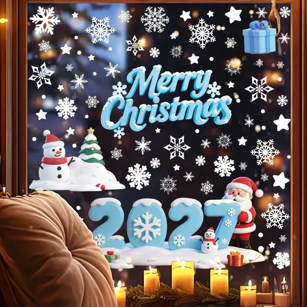 2027 Merry Christmas Static Sticker Multicolor Cartoon Santa Snowman Christmas Window Clings Photo Background No-Glue