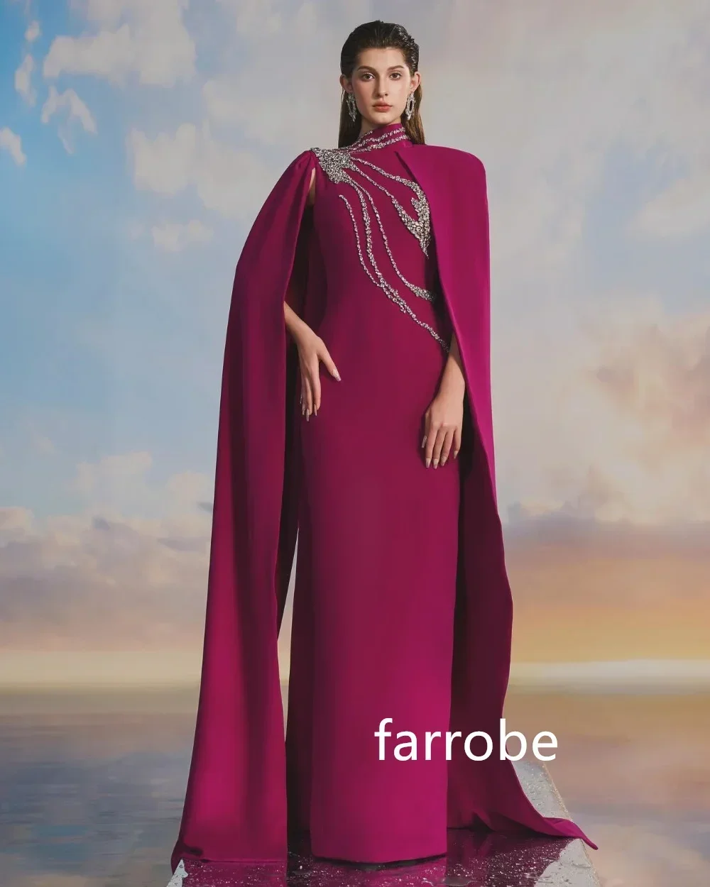 Customized Fashion Jersey Sequined Pleat A-line High Collar Midi Dresses Cocktail Dresses Classic Exquisite Modern Style Chines
