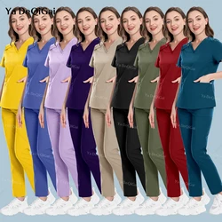New Scrubs Nurse Uniforms Short Sleeve V-neck Top+Straight Pants Women Multicolor Nursing Scrubs Set Pet Doctor Medical Workwear
