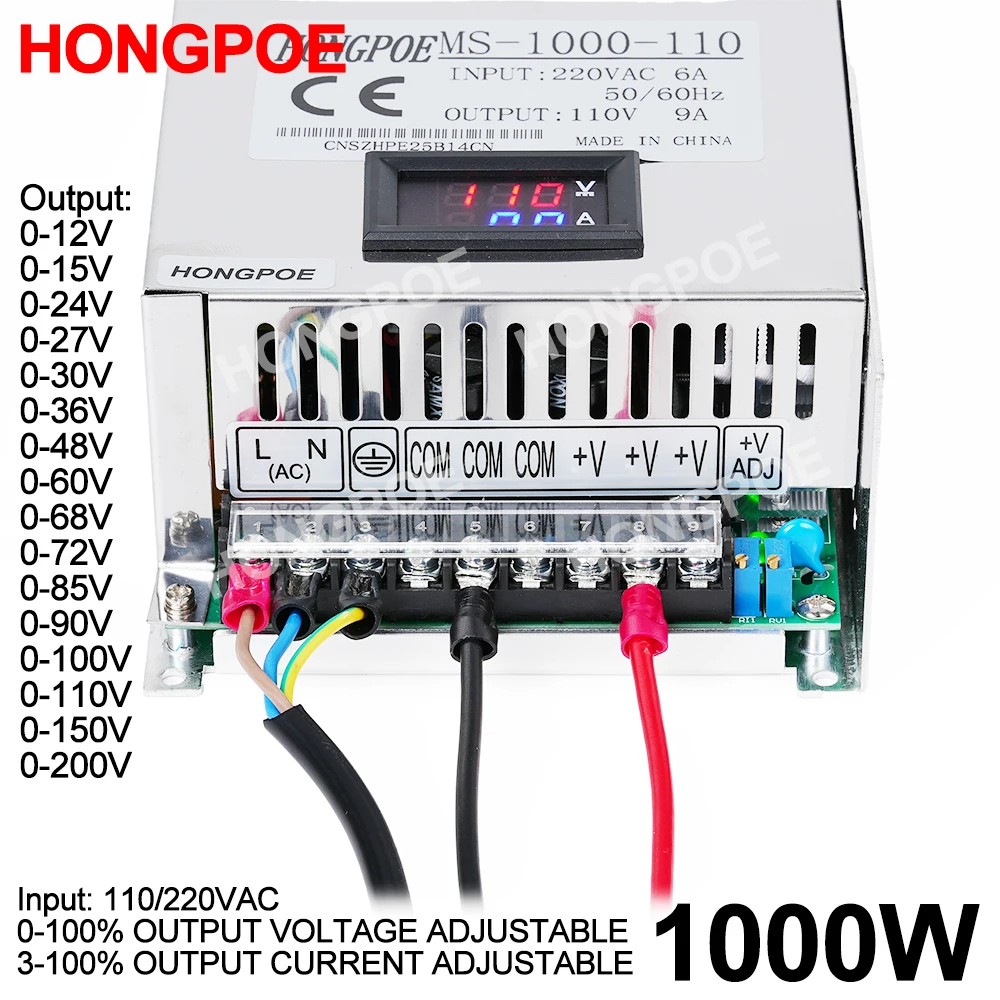 

Digital Display Adjustable 1000W Power Supply 0-12V 15V 24V 27V 30V 36V 48V 60V 68V72V 85V 90V 100V 110V 150V 200V Ac To Dc Smps