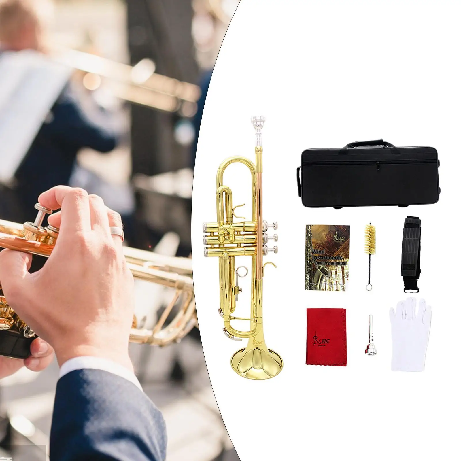 B Flat Trumpet Brass Musical Instrument Trumpet Musical Instrument Cloth with Case Portable Professional for Adults Children