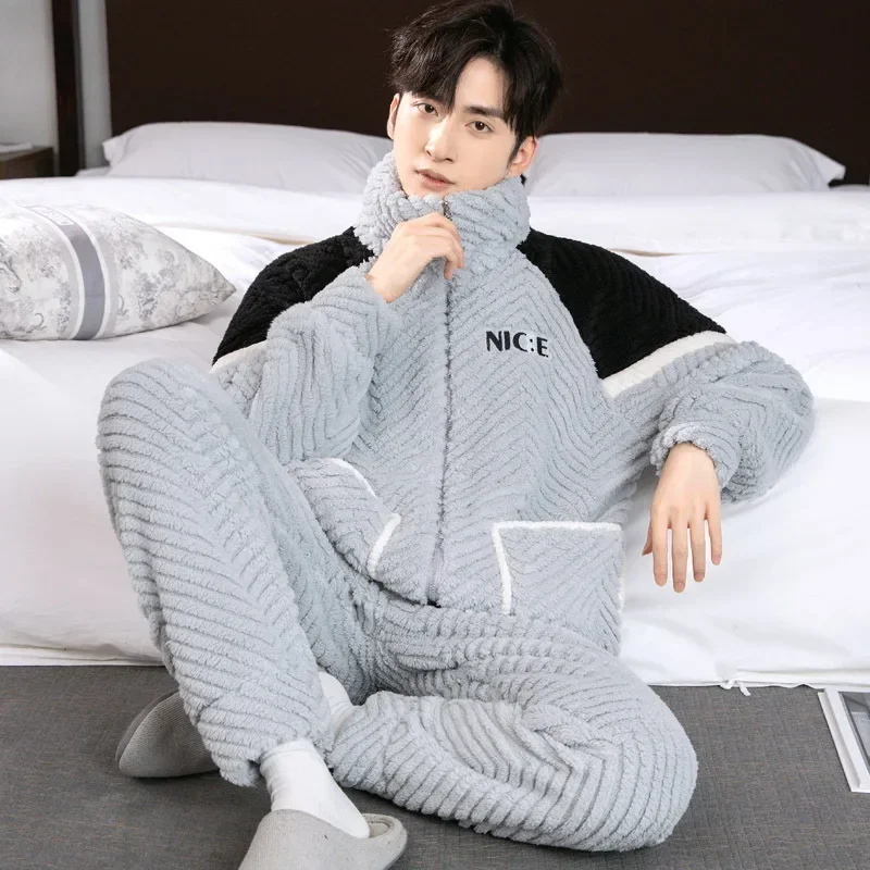 Male Zipper Pajamas Winter Coral Fleece Warm Pajama Sets Thickened Homewear Suit Men Thermal Flannel Sleepwear Turtleneck Lounge