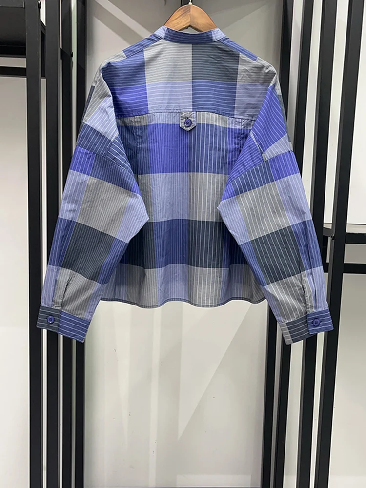 Loose Fit round Neck Ladies Shirt French Style Cotton Long Sleeve Striped Pattern with Large Pockets Deep to Light Plaid