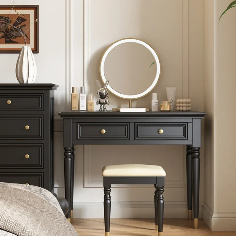 

Retro dresser bedroom French small solid wood master bedroom 80cm black bedside makeup table chest integrated new