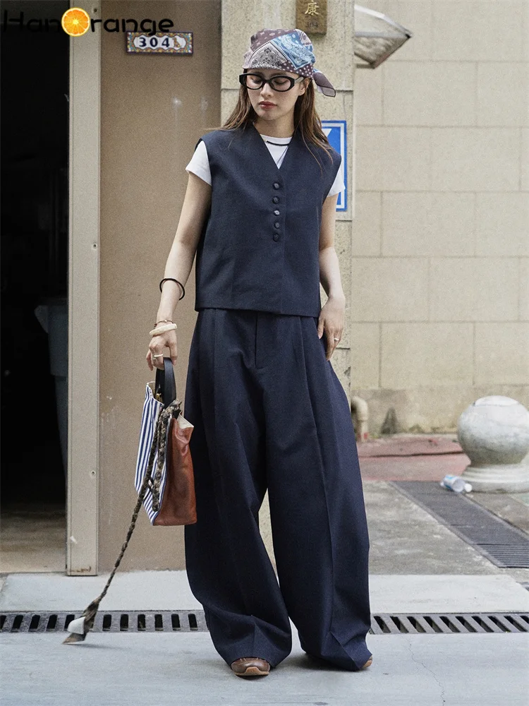 HanOrange 2026 Early Autumn Simple Short Vest + Fold Curved Wide Leg Pants Women 2 Pcs Set Navy Blue