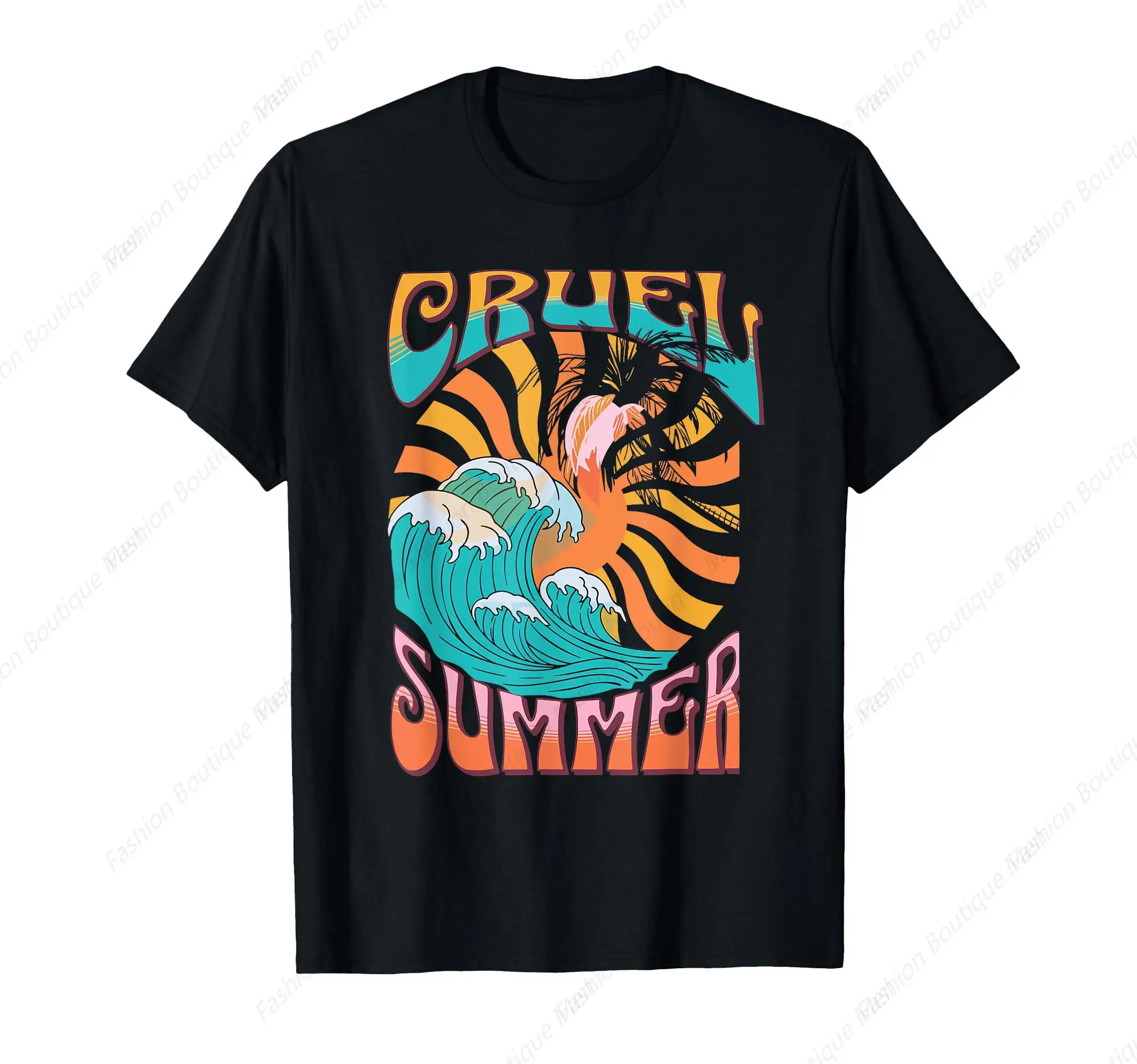 

Vintage Colorful Cruel Summer Huge Wave Printing T-Shirt Men Women Lover Cotton Soft Tee