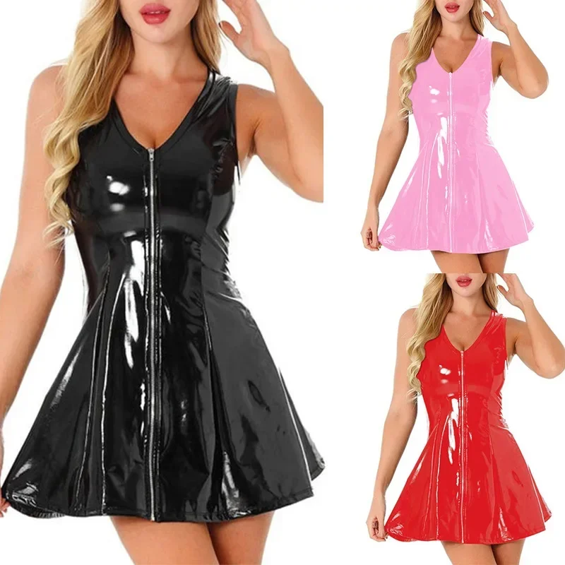 2024 European Women's Mini Dress Sexy Pu Zip-up Vest A- line Party Gown Sleeveless Nightclub Disco Formal Prom Gown