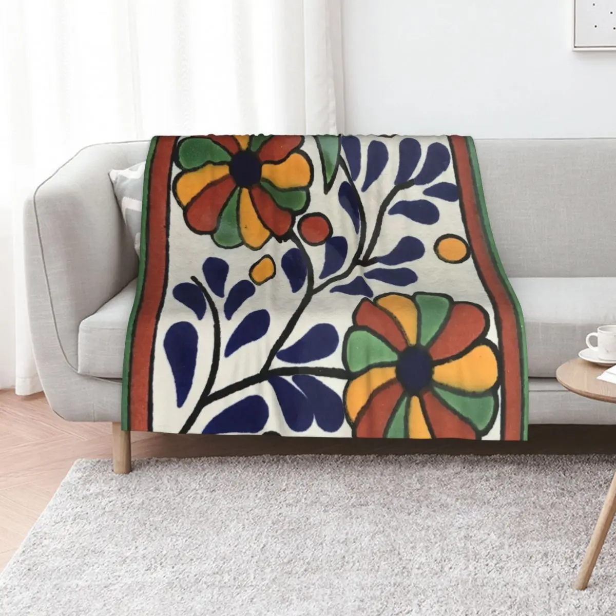 

Glazed Talavera Floral on Ceramic Hand Painted Mexican Tile Throw Blanket Hairy Loose Blankets