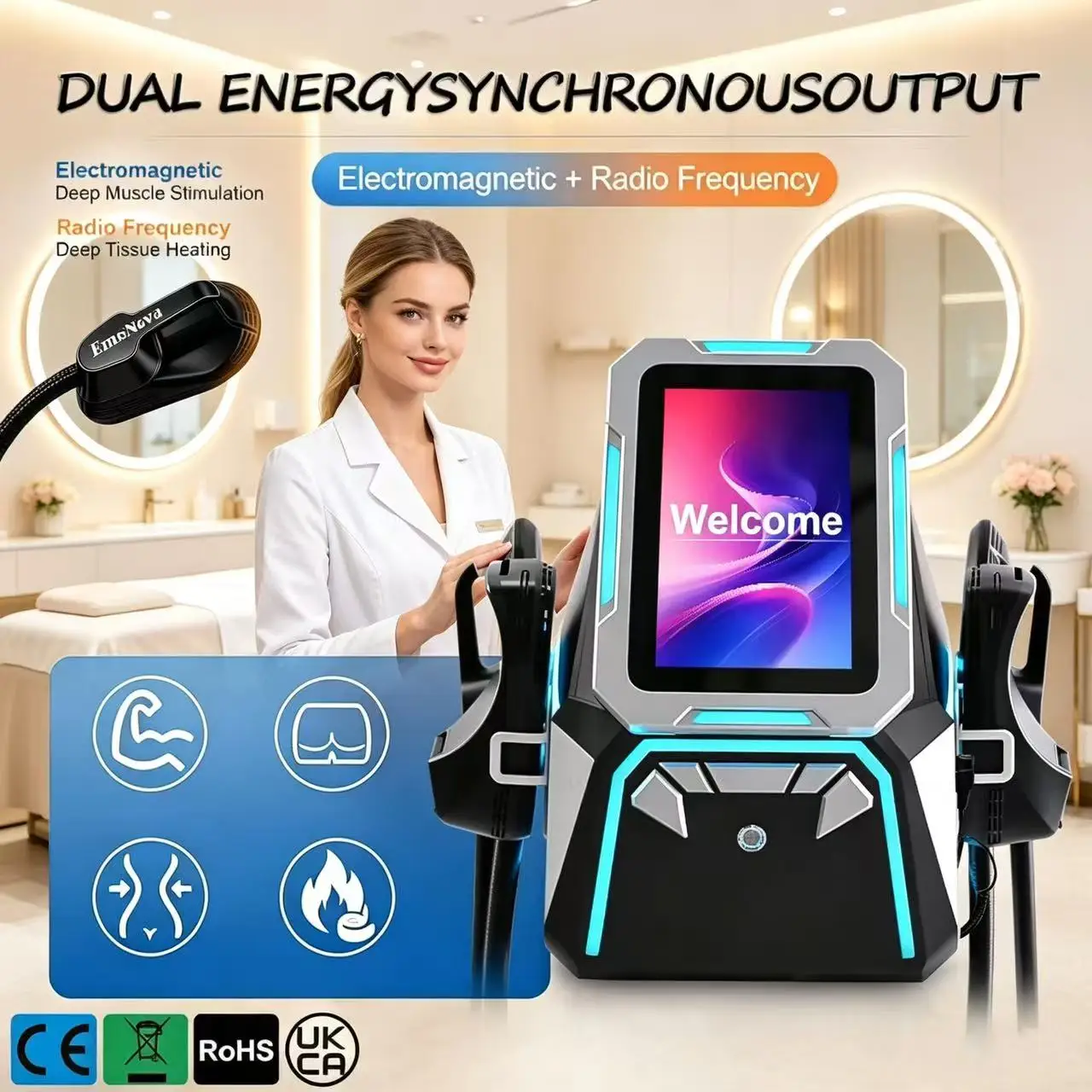 EmsNova HIEMT RF Body Sculpt Machine 4 Handles Muscle Building Fat Burning Non‑Invasive Body Contouring Beauty Salon Equipment