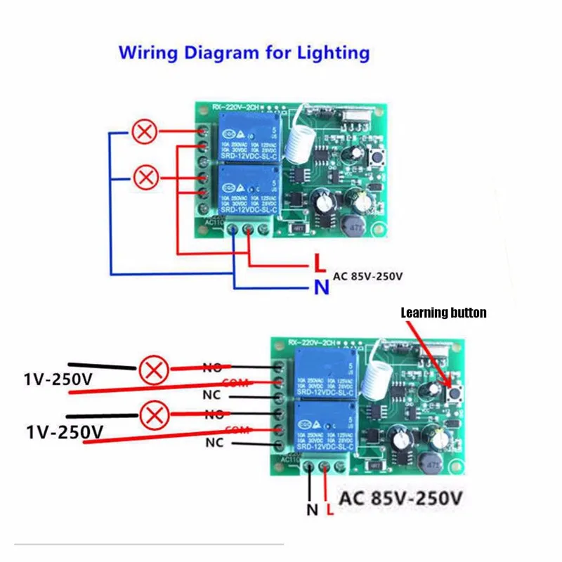 Smart Home AC85V-AC220V 10A 315/433MHz 2 Channel Universal Wireless Relay RF Remote Control Switch Heterodyne Receiver Module