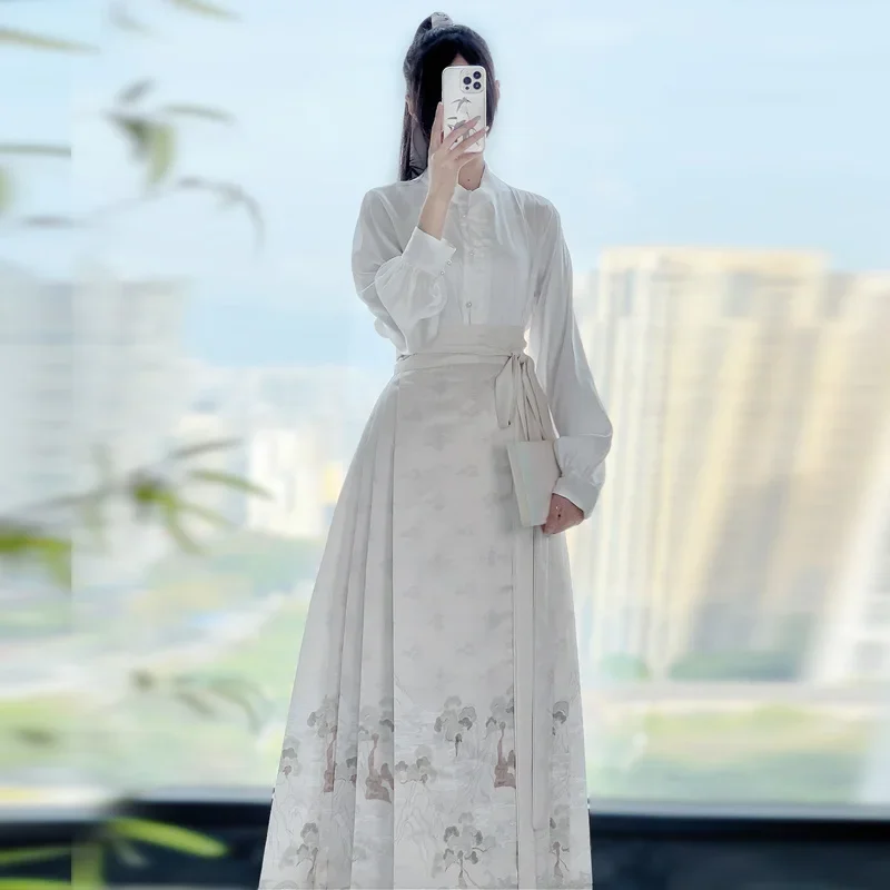 

Женская плиссированная юбка, черная, синяя, красная рубашка + юбка, комплекты, китайская традиционная юбка ханьфу, большие размеры, юбка с конским лицом династии Ханьфу Мин