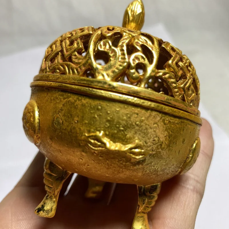 

Antique Collection Copper Gilt Incense Burner Double Dragon Playing with Pearl Incense Burner Home Decor Craft Ornament Retro In