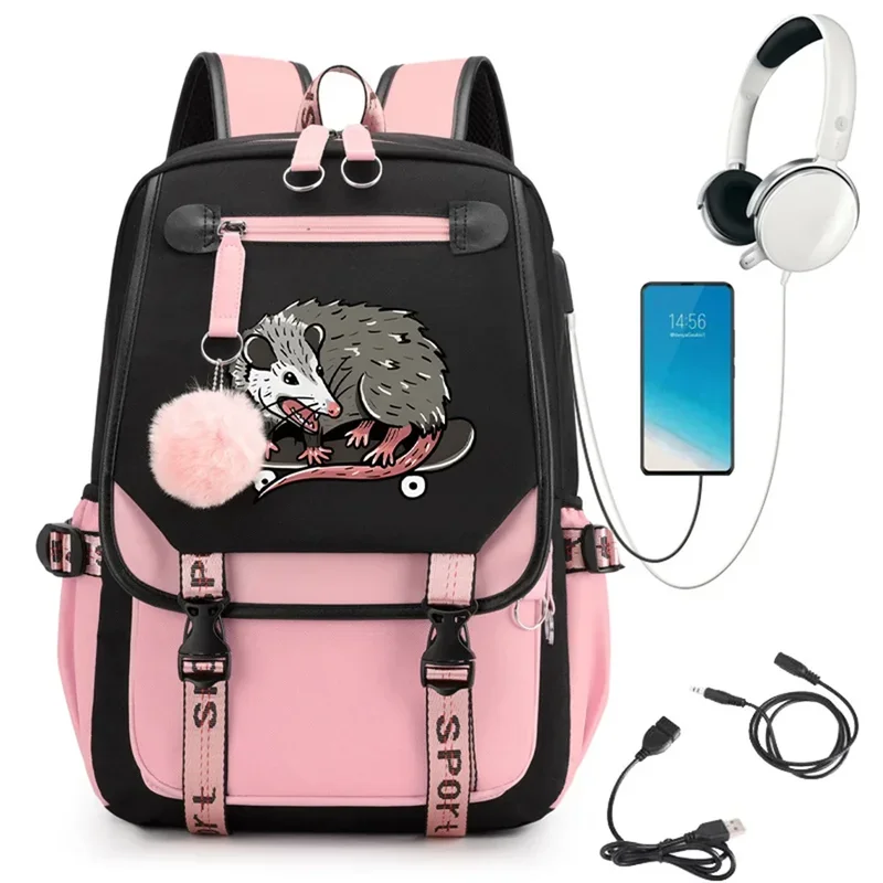 

Opossum Kawaii School Bags for Teenage Girls Usb Charge Book Bag High School Student Waterproof Backpack Women Backbag Schoolbag