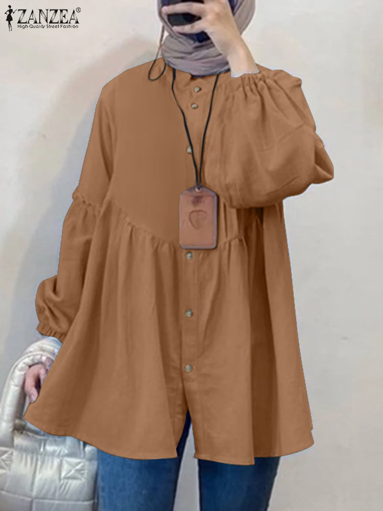 Vintage Women Muslim Tops ZANZEA Turkey Blouse Fashion Long Sleeve Shirts IsIam Clothing Causal Loose Solid Shirt Button Blusas