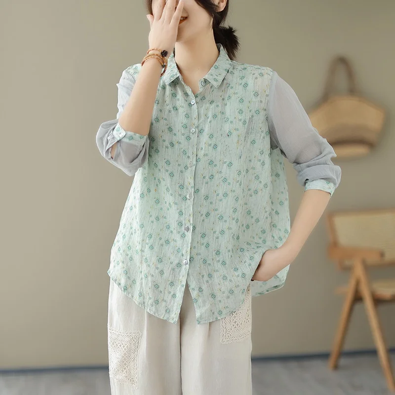 

Элитная японская женская блузка из льна с длинным рукавом, в стиле пэчворк, с цветным принтом, на пуговицах, универсальный топ с воротником