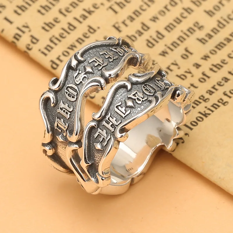 

S925 sterling silver punk men's ring vintage soul motorcycle Silver Rock switchable index finger ring