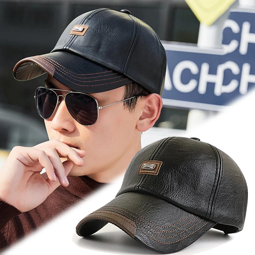 

High Quality Leather Baseball Cap Men Autumn Winter Women Gorras Planas Snapback Hat PU Leather Trucker Cap