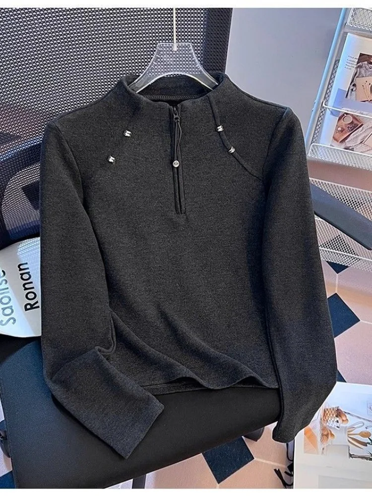 Women's Slim Fit Fleece Lined Half High Collar Base Shirt Autumn Winter Outdoor Zipper Cardigan Casual Style Long Sleeve T-Shirt