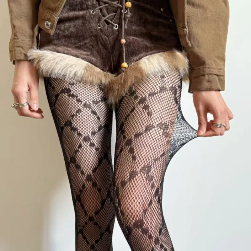 

Autumn Retro Diamond Fishnet Pantyhose Slimming Coffee Color Sexy Stockings JK Black Versatile Tights Y2K Fashion Hosiery