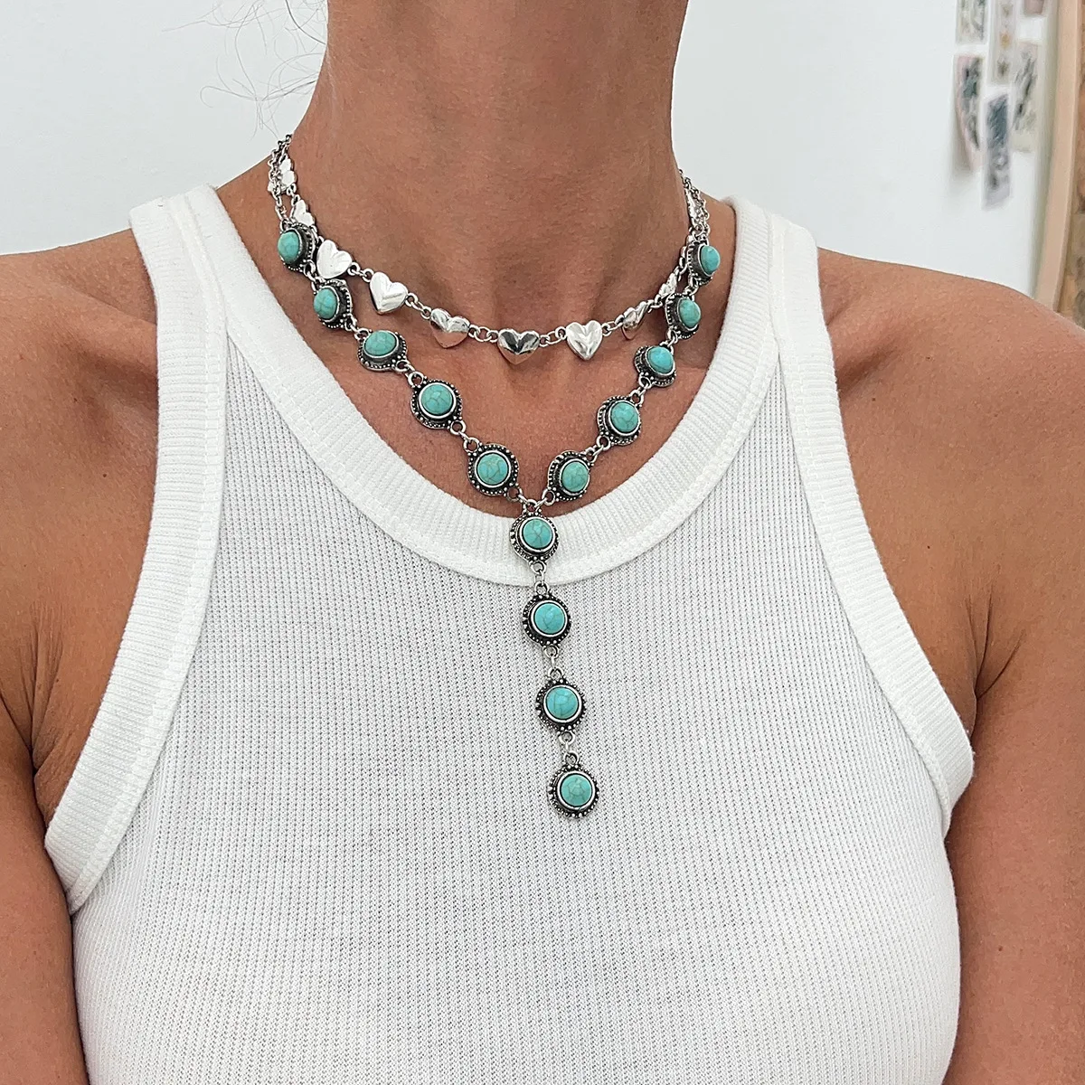 Vintage Cross Choker Necklace Bohemian Turquoise Beads Love Bow Pendant Layering Chain for Women
