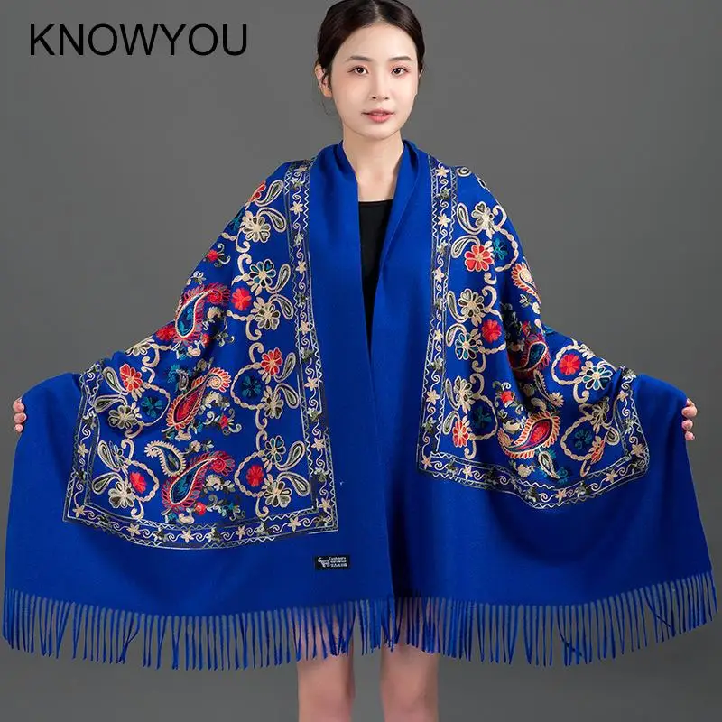 New Autumn 200*70Cm Winter Cashmere Pashmina Femme Embroidery Shawl Bufanda Travel Reversible Long Scarf Thick Warm Scarves Wrap