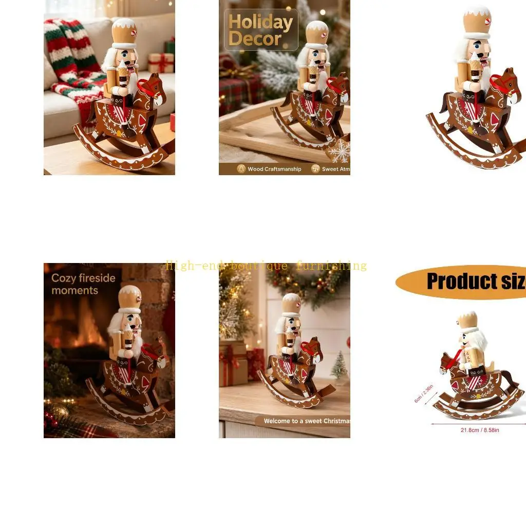 L9NB Seasonal Gift Gingerbreads Nutcrackers Figurine Wooden Rocking Horse Christmas Decors Painted Display Accent for Tabletop