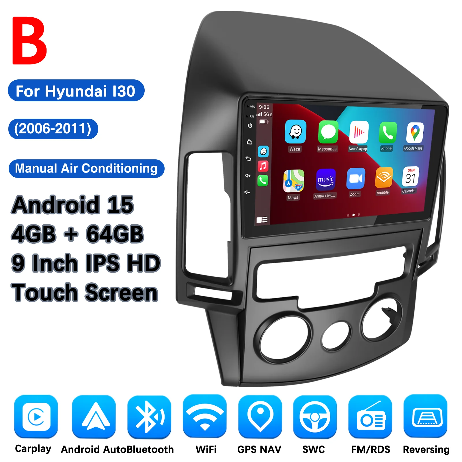 MOPECT 4+64GB Android 15 autoradio voor Hyundai I30 AT/MT 2006-2011 multimediaspeler GPS 2DIN autostereo draadloze CarPlay FM/AM