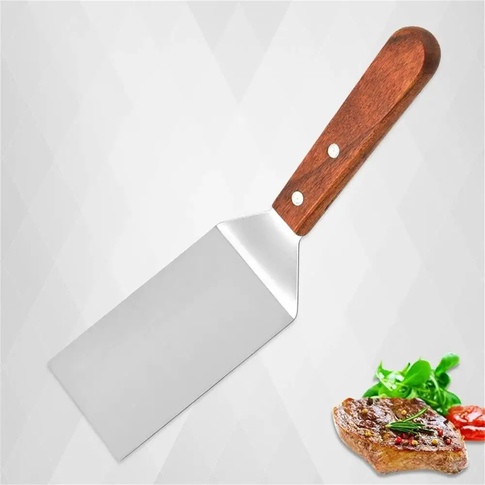 Wooden Handle Frying Shovel Stainless Steel Small Shovel Pancake Steak Spatula Multi-Use Cooking BBQ Barbecue Shovel