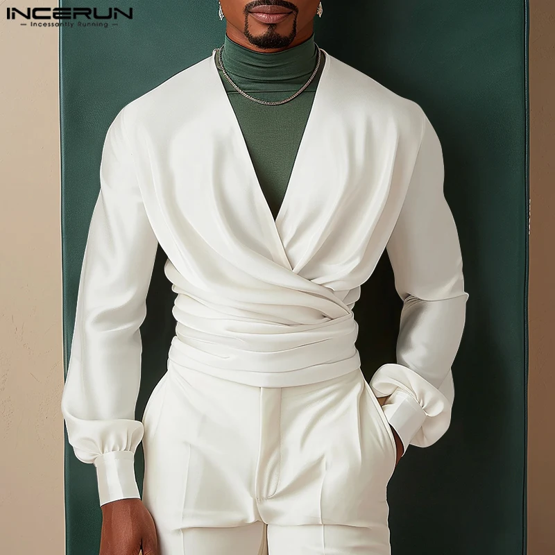 

INCERUN Men Irregular Shirt Solid Color V Neck Long Sleeve Casual Camisas Streetwear 2025 Fashion Men Clothing S-5XL